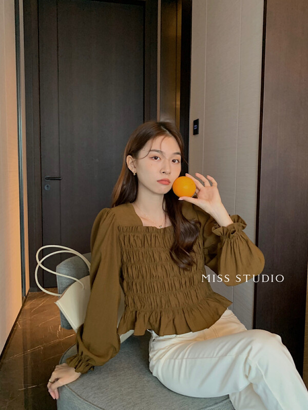 [MISS Mi Sijia] Korean fungus side square collar pleated shirt F2327