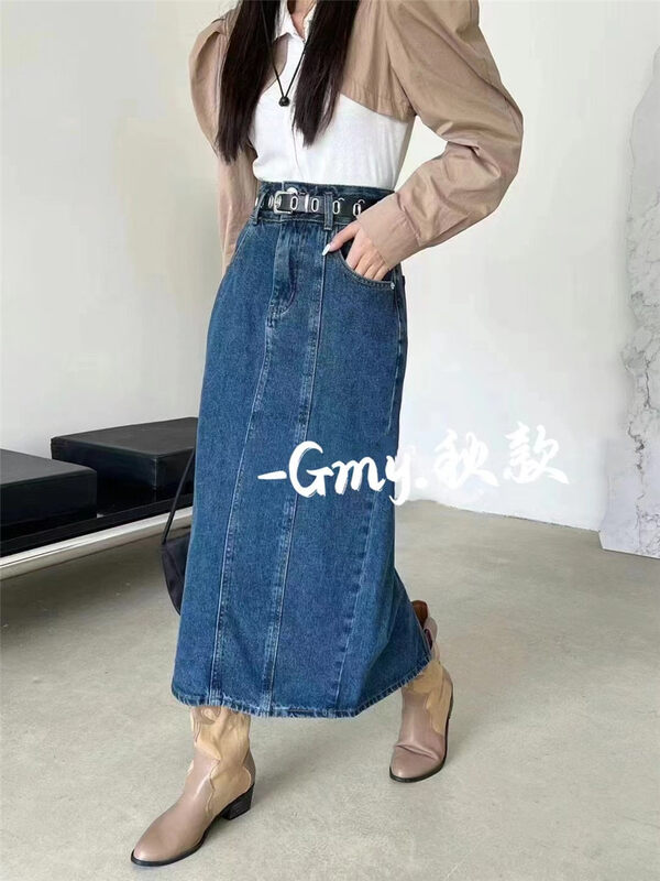 New in autumn! [Gu Muyu] Pure black long all-match denim skirt A2813-1# ZJY