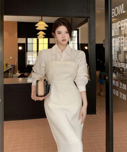 Real shot autumn design sense fake two pieces of small fragrant woolen material stitching shirt dress sexy bag hip long skirt female