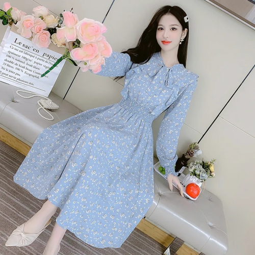 French floral chiffon dress women's spring new bow tie temperament sweet waist mid-length skirt