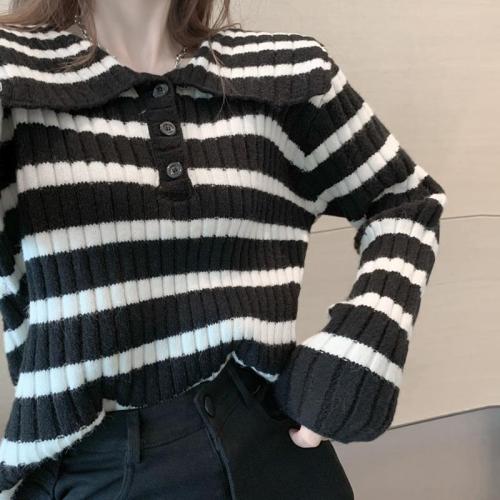 Autumn and winter doll-neck striped short knitted sweater ins trendy women outside wearing foreign style sweater lazy wind all-match top