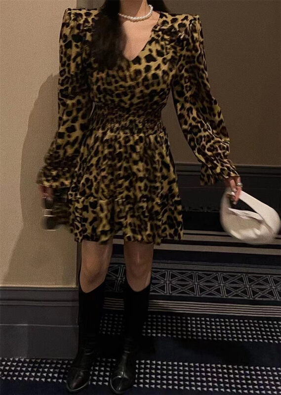 New in autumn! [FAI] Temperament and personality leopard print dress 805# GYJ