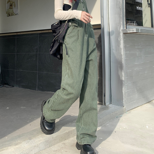 Real shot 2022 spring and autumn new loose age-reducing denim overalls fashion straight-leg mopping pants