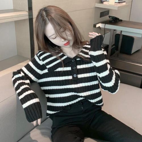 Autumn and winter doll-neck striped short knitted sweater ins trendy women outside wearing foreign style sweater lazy wind all-match top
