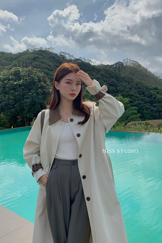 【MISS】Korean version of simple color matching single-breasted trench coat (with waist rope) W322# FHX