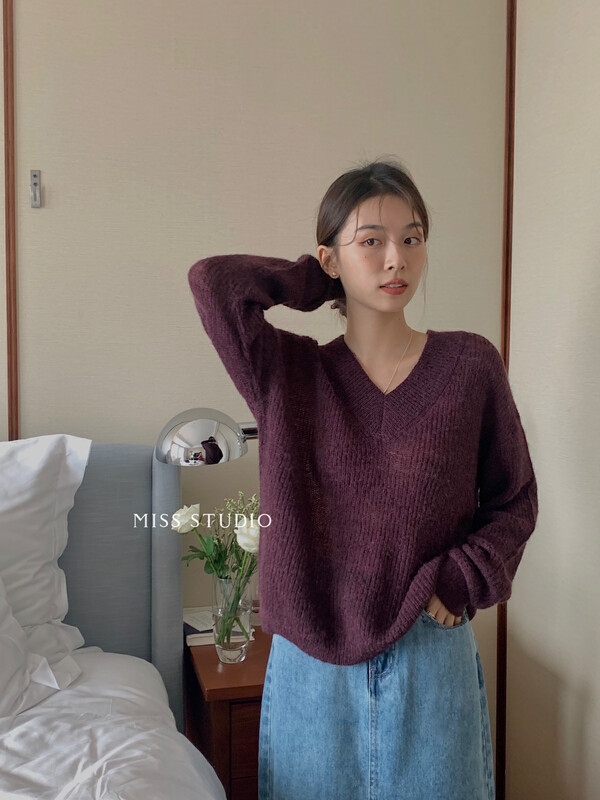 【MISS】Korean V-neck pullover mohair sweater A0637