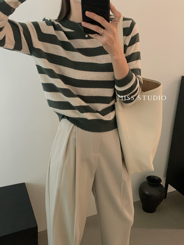 [MISS] Korean round neck striped wool sweater knitted sweater C2047
