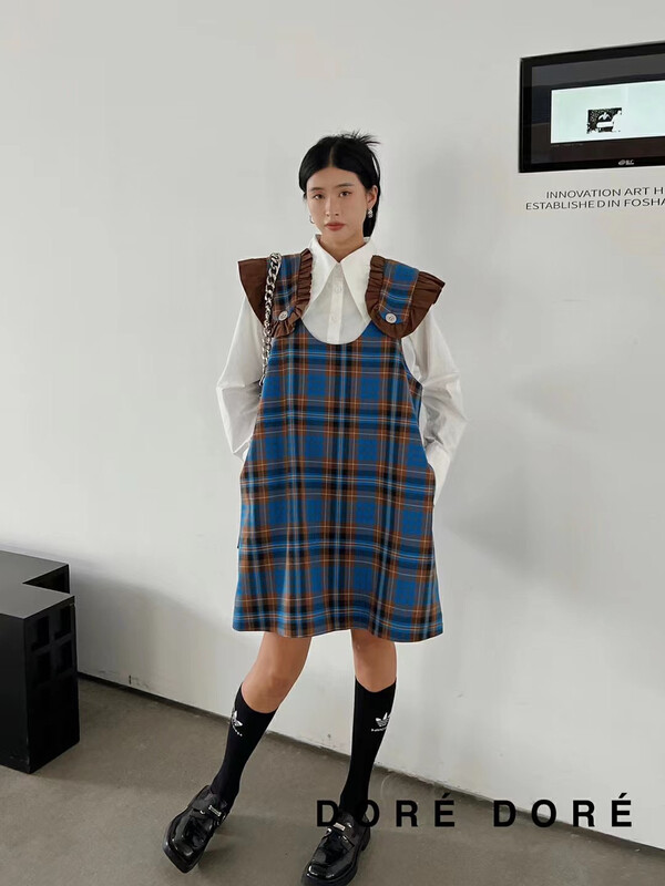 New in early autumn!【DORE DORE】Ruffled wide-shoulder plaid dress 1351# OZQ