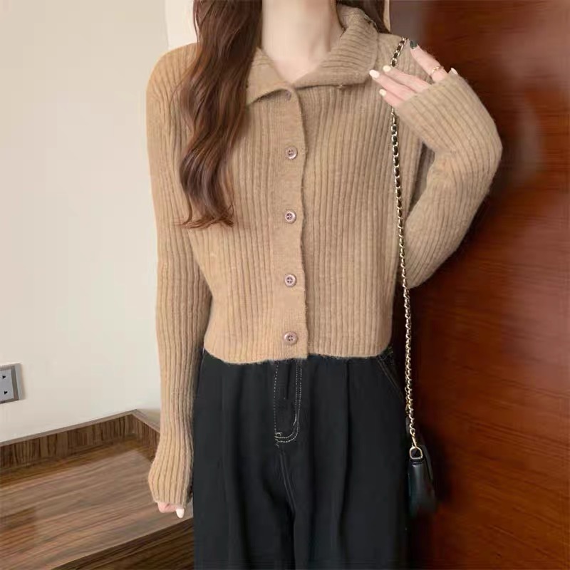 European station autumn and winter new 2022 lapel super good-looking shirt small fragrant style striped button knitted cardigan sweater trend