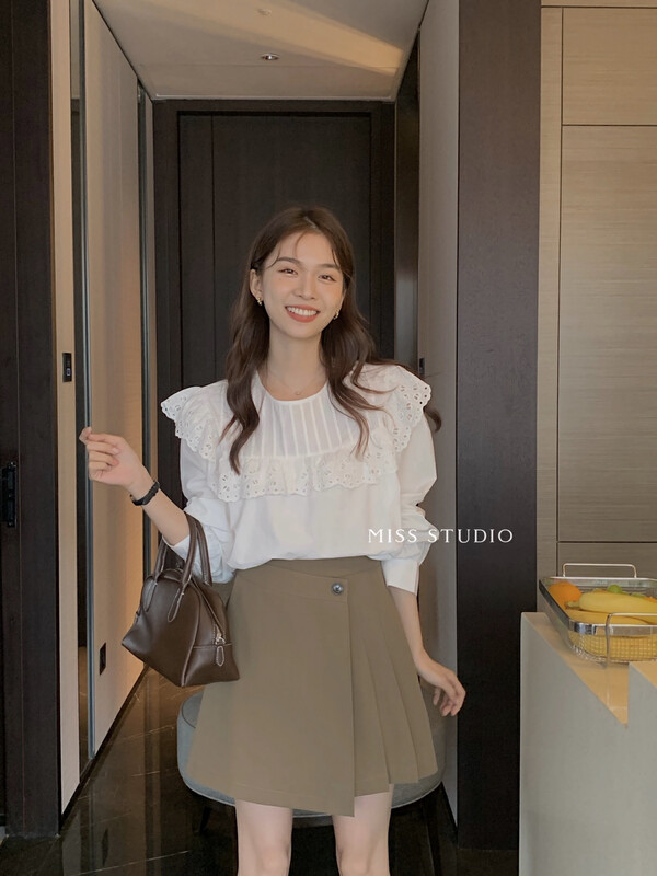 [MISS Mi Sijia] Korean stitching lace collar pleated shirt small shirt L6707