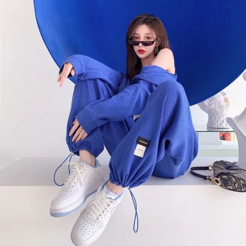 Waffle net red fashion casual suit women's spring and autumn short hooded jacket sports trousers two-piece set