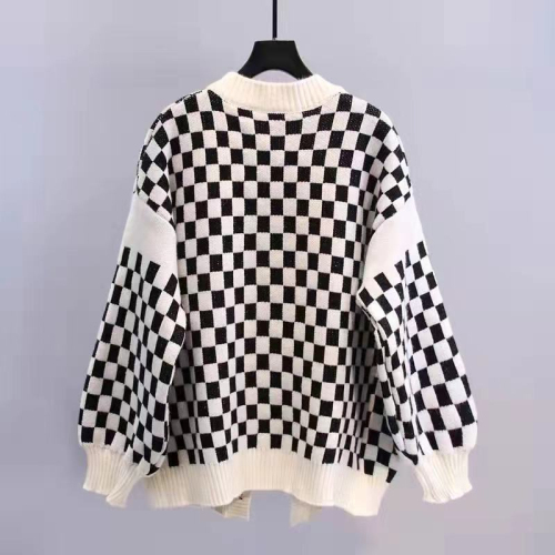 Japanese checkerboard sweater coat women's autumn 2022 new loose and lazy style all-match knitted cardigan