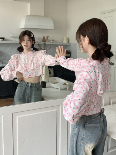 Real shot early autumn sweet love print short long-sleeved shirt women's  new niche chic personality short top