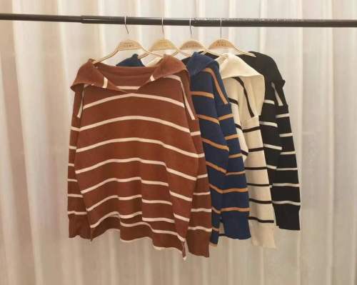 Striped navy neck pullover sweater women's V-neck design top big collar personalized bottoming shirt  autumn ins