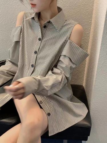 Design stripe off-the-shoulder long-sleeved shirt women's summer 2022 new thin Hong Kong style retro loose sunscreen cardigan