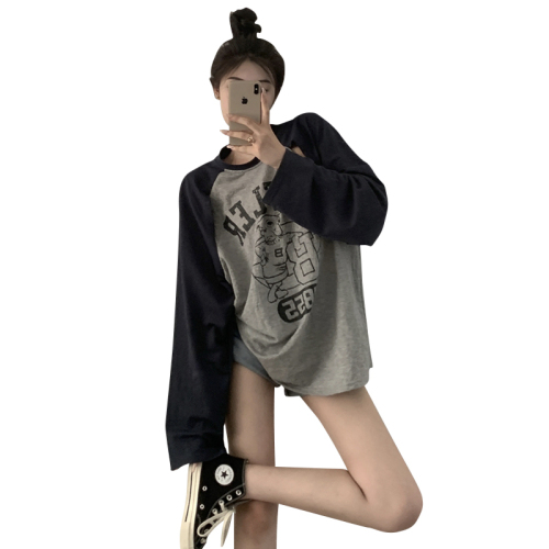 Hong Kong-style long-sleeved t-shirt women's early autumn mid-length loose long-sleeved thin section