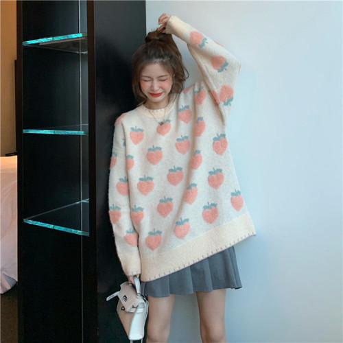 Teng Yujia white peach jacquard sweater women's 2022 new loose outer wear autumn and winter thickened inner fashion base