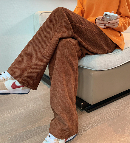 Real shot Corduroy wide leg casual pants women's spring and autumn new loose high waist straight pants trousers