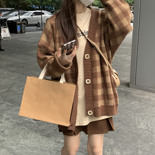 College style knitted cardigan women's  autumn and winter new Korean version contrast color checkerboard loose sweater top coat