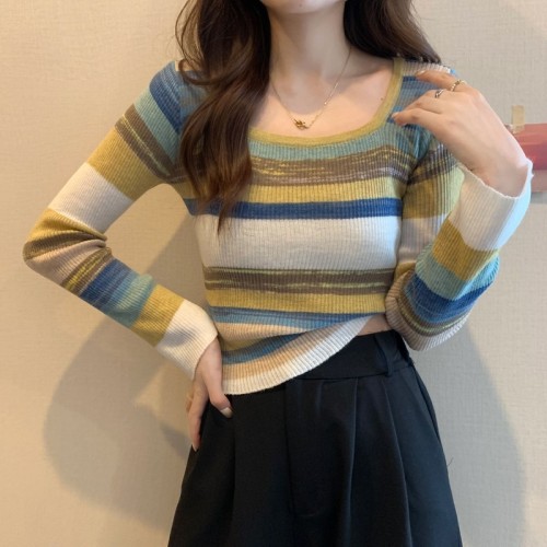 Autumn and winter new Korean version sweet and spicy style square collar niche hit color stripes slim fit and thin soft waxy short T-shirt