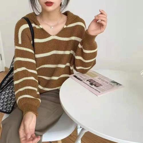 Striped navy neck pullover sweater women's V-neck design top big collar personalized bottoming shirt  autumn ins