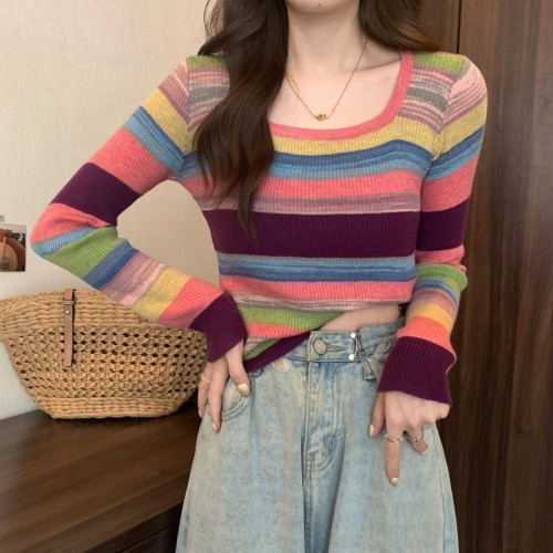Autumn and winter new Korean version sweet and spicy style square collar niche hit color stripes slim fit and thin soft waxy short T-shirt
