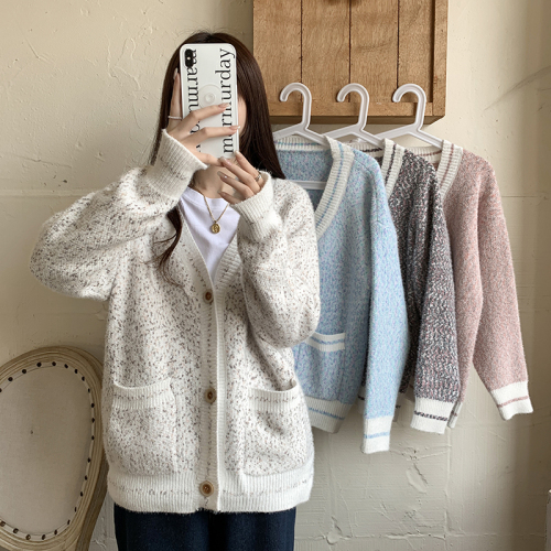Real shooting real price Korean version gentle and lazy style V-neck long knitted cardigan all-match thin sweater