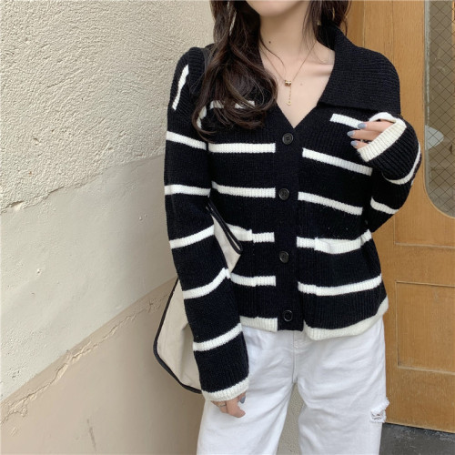 Striped knitted cardigan sweater jacket women's 2022 early autumn new style lazy wind loose outer wear chic lapel top