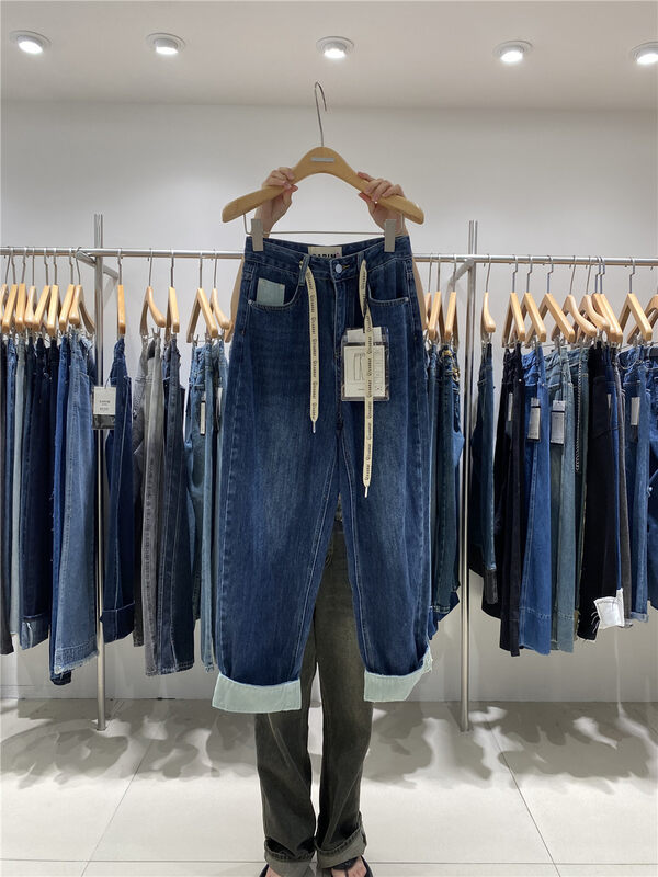 New for Autumn!【JEANS】High waist colorblock letter strap dad jeans N890# LSW