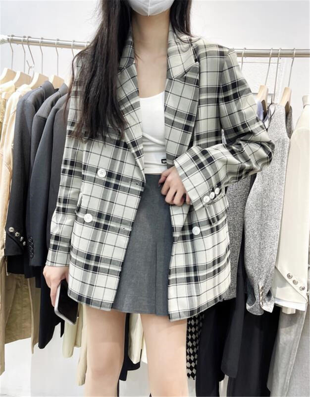 Autumn is new! [DAZZI Daji] Plaid loose double-breasted short coat 1152# JJ