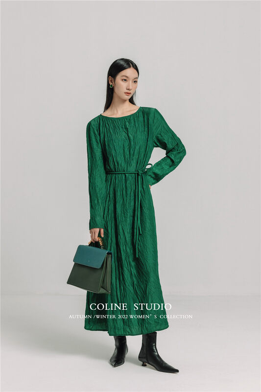 New in early autumn! [COLINE] pleated tie design long-sleeved dress (with belt) C2342# HYY