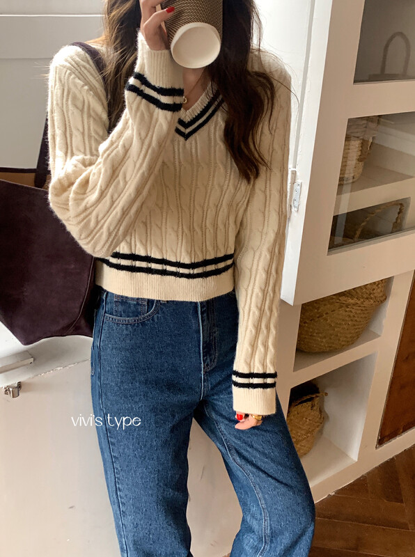 New in autumn!【VIVIS TYPE】Korean V-neck striped sweater 7600# HJY