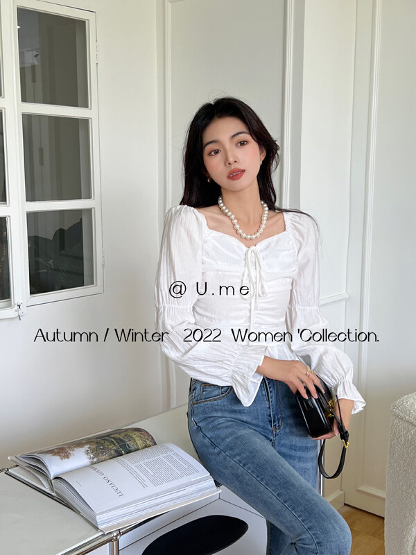 New in autumn! [U.ME] Halter neck square collar pleated shirt 58021# HJY