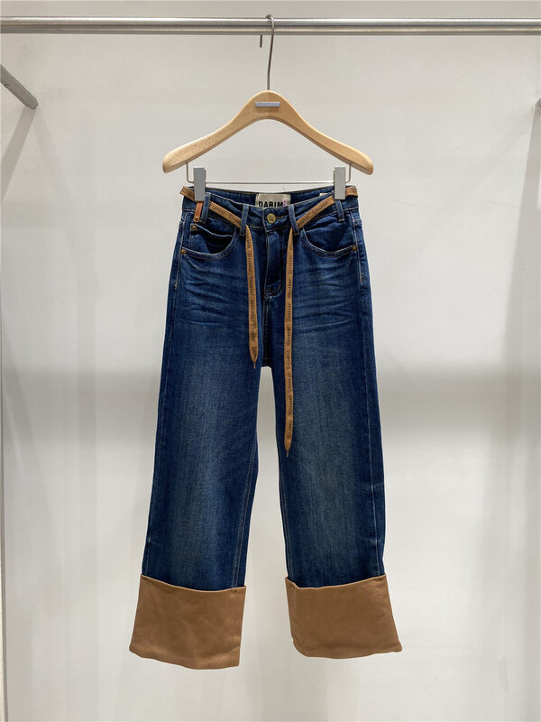 New for Autumn! [JEANS] Colorblocked Rolled Straight Jeans (with Waist Cord) N916# LSW