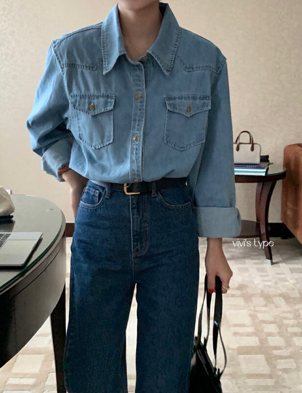 New in early autumn! [VIVISTYPE] Korean version of the textured topstitched double-pocket denim shirt 9529# HJY