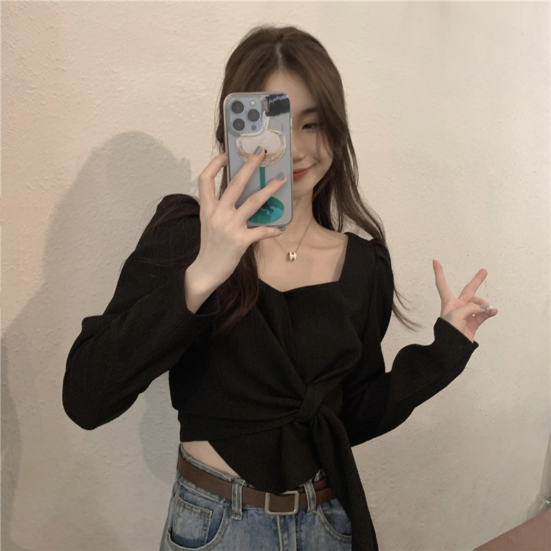 Real shot real price black retro slim square collar shirt women's irregular design lace short long-sleeved top