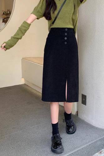 Real shot real price corduroy split skirt women's autumn and winter 2022 new high waist slim midi skirt