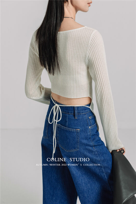 New in early autumn! [COLINE] round neck slim fit lace-up design knitted sweater (content 33% wool) C2377# HYY