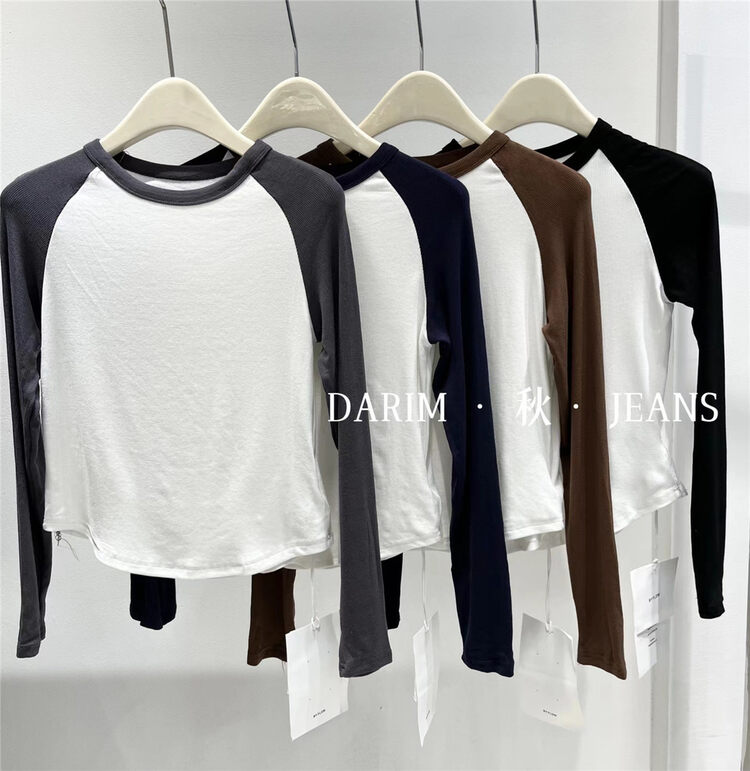 Early autumn new style! Casual contrast color raglan sleeves round neck long-sleeved T-shirt E985# LSW