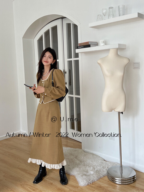 Autumn is new! [U.ME] Elegant retro temperament square collar shirt + color matching mid-length skirt suit YS2-18311# HJY