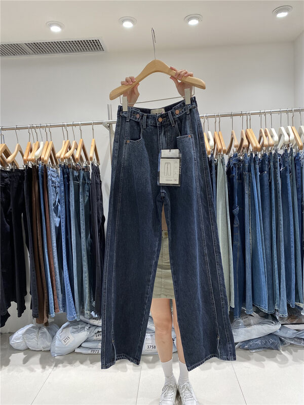 New in early autumn!【JEANS】High waist buckle wide leg gradient jeans N757# LSW