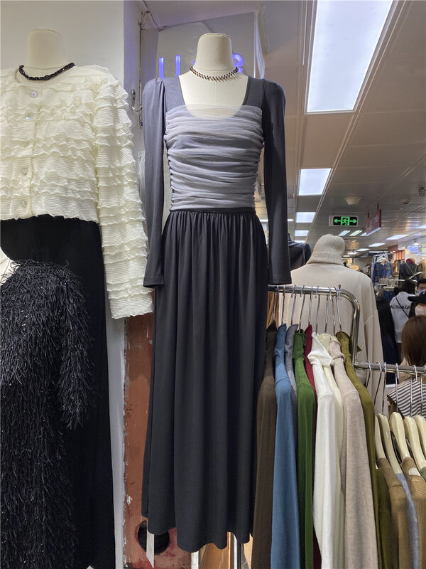 New in autumn!【U.ME】Little woman U-neck contrast color mesh stitching dress YS1-98826# HJY