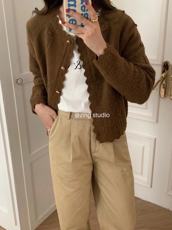New in autumn!【ZINGSTYLE】Round-neck solid color single-breasted warm sweater 82252# HBX