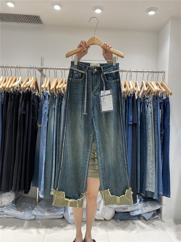 New in Autumn!【JEANS】Personalized Rolled Straight Jeans (with Waist Chain) N860# LSW