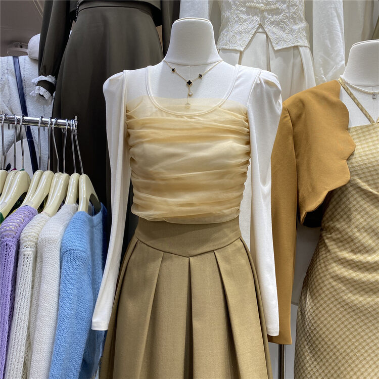 New in autumn! [U.ME] Temperament U-neck mesh stitching pleated shirt 98827# HJY