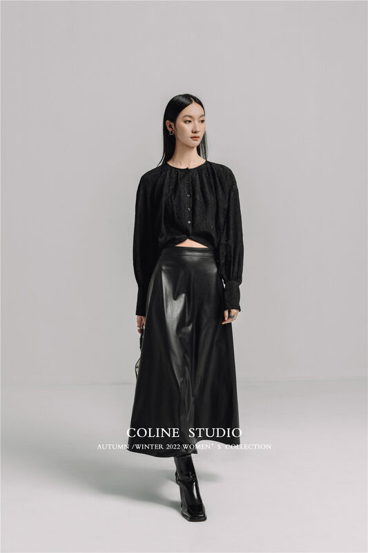 New in early autumn! [COLINE] A-swing solid color leather skirt C2353# HYY