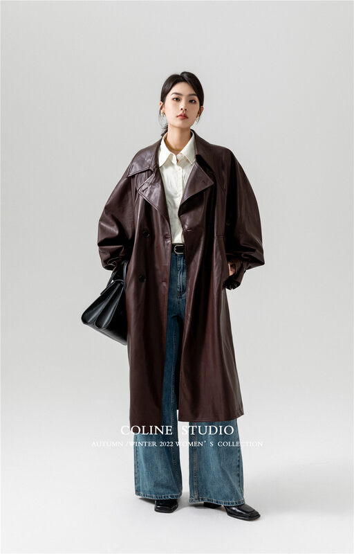 New in autumn! [COLINE] Double-breasted fashionable mid-length leather jacket (with detachable cuffs) C2363# HYY