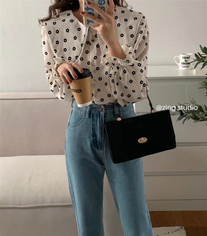 New in autumn! [ZINGSTYLE] temperament doll collar printed shirt B2392# HBX