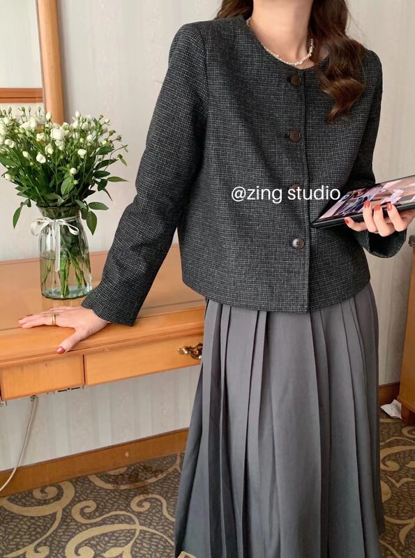 New in autumn! [ZINGSTYLE] temperament plaid small fragrance short coat B2605# HBX