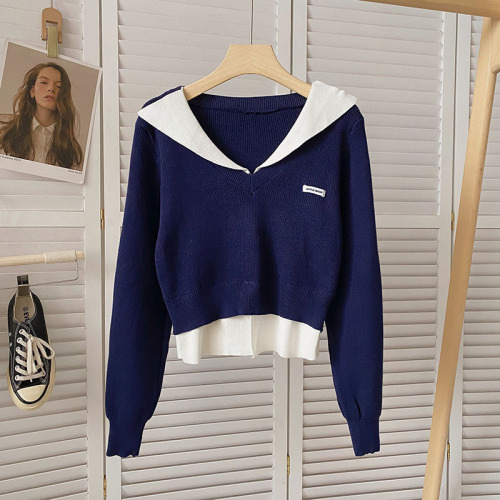 2022 autumn Korean version all-match self-cultivation color-blocking lapel fake two-piece short pullover long-sleeved knitted bottoming top